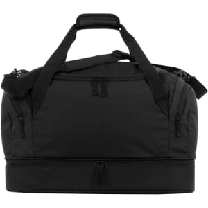 A black duffle bag with multiple zip compartments and comfortable carry handles. It features a logo.