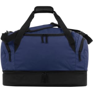 A navy blue duffle bag with a black base and multiple zippered compartments. It features two handles for easy carrying.