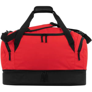 A red sports bag with black accents, featuring dual handles and multiple zippers. It includes a logo.