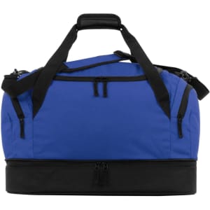 A blue duffle bag featuring a black base and multiple zippered compartments, with handles for easy carrying.