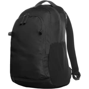 A black backpack featuring multiple zippered compartments and a side pocket, designed with padded straps for comfort.