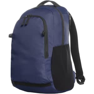 A navy blue backpack with black accents, featuring multiple zippered compartments and a side pocket.