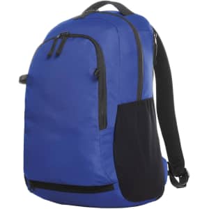 A blue and black backpack featuring multiple zippers and a side pocket, with a logo on it.