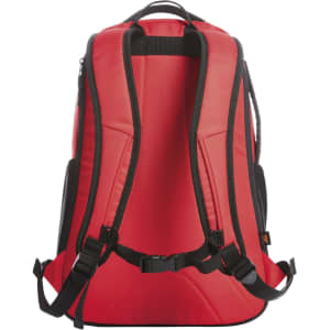A red backpack with black accents, featuring padded straps and a structured design. It has a logo on the front.
