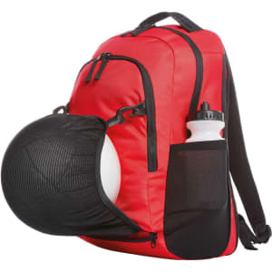 A red backpack with a large black pocket for a ball and a white drink bottle in an external pocket.