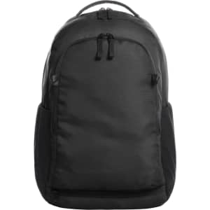 A black backpack with a sleek design, featuring a zippered main compartment and side pockets. It has a logo on the front.