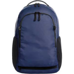 A navy blue backpack with black accents, featuring multiple zippered compartments and a logo.