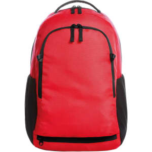 A red backpack with black accents, featuring a main compartment and side pockets. It has a logo on the front.