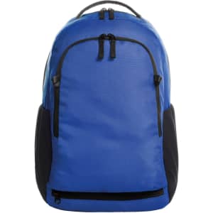 A blue backpack with black accents featuring multiple zippered compartments and a logo.