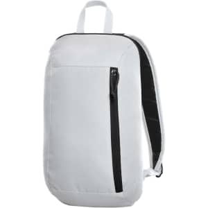 A sleek white backpack with a black zippered pocket and straps, featuring a logo on the front.