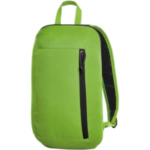 A green backpack featuring a front zip pocket and a simple design, with a handle on top.