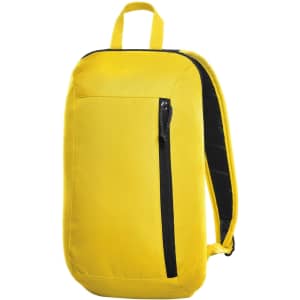 A yellow backpack with a front zip pocket and black accents, featuring shoulder straps and a top handle.