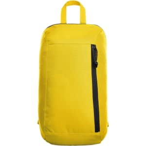 A yellow backpack with a front zippered pocket and a top handle. It features a simple design and a logo.