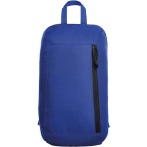 A blue backpack with a zippered front pocket and a top handle. It features a simple design and has a logo.