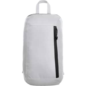 A grey backpack with a front zipper pocket and a non-branded logo on the front.