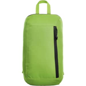 A green backpack with a front zip pocket and a top handle, featuring a logo.
