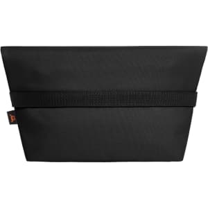 A black cooler bag with a structured design and a solid strap around the centre, featuring a logo.