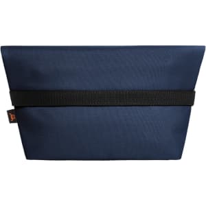 A navy blue cooler bag with a black strap, featuring a logo on the side.