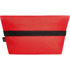 A red Flow Thermo Bag with a black strap, designed for keeping items cool. Features a logo.