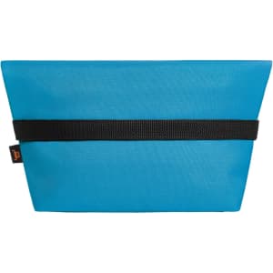 A blue cooler bag with a black strap and a branding logo on the side.