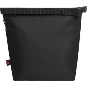 A black cooler bag with a zip closure and adjustable strap, featuring a small logo.