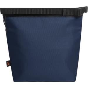 A cooler bag in navy blue with a zip closure and adjustable strap, featuring a branding logo.