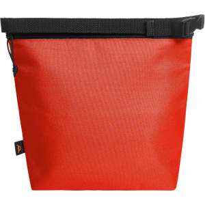A red cooler bag with a black strap and a zipper closure, featuring a small logo.