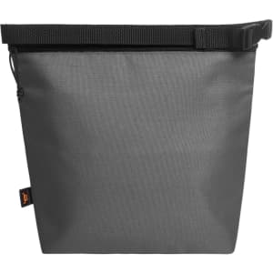 A grey cooler bag with a zip closure and adjustable strap. The bag features a branded logo.