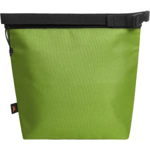 A green cooler bag with a black strap and a zip closure, featuring a logo on the front.