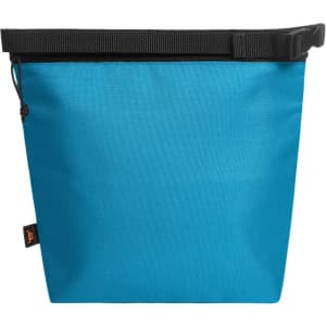 A blue cooler bag with a zip closure and a black strap, featuring a logo on the side.