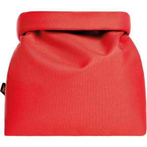 A red cooler bag with a textured surface and a rolled opening, featuring a logo.