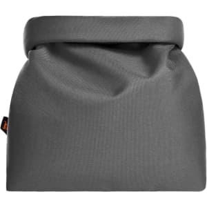 A grey cooler bag with a rolled top and a small logo on the side, designed to keep items insulated.