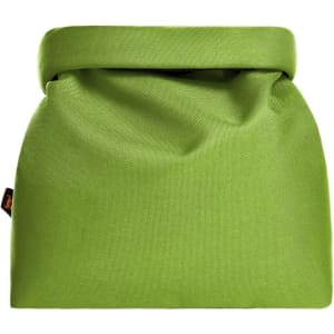 A green cooler bag with a fold-over top and a logo tag on the side.
