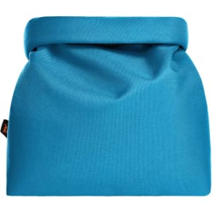A blue cooler bag with a foldable top and a logo displayed on the side.