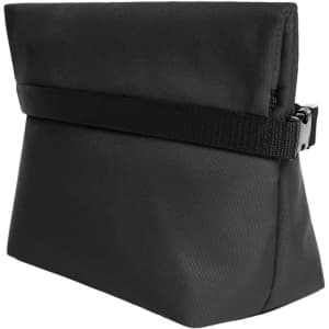 A black cooler bag with a zip closure and a strap, featuring a structured design. It also has a logo.