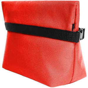 A red cooler bag with a black strap, designed for insulation and storage. It has a simple, rectangular shape.