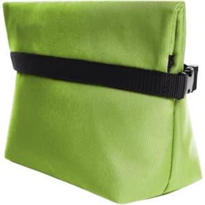 A green cooler bag featuring a black strap, with a structured design and zipper closure. It has a logo on the front.