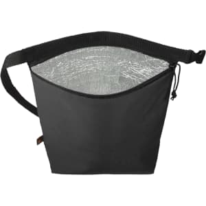 A black cooler bag with a shiny insulated interior, featuring a zipper closure and adjustable strap.
