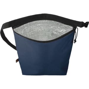 A navy blue cooler bag featuring a silver insulated interior, equipped with a strap for carrying.