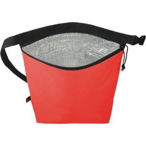 A red cooler bag with a silver insulated interior and a black strap. It has a zippered opening at the top.