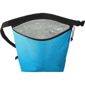 A blue cooler bag with an open top and silver insulated lining, featuring an adjustable strap and a zippered opening.