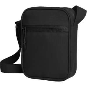 A black bag with a zippered front pocket and an adjustable shoulder strap. It features a logo on the front.