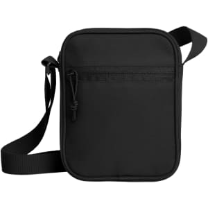 A black crossbody bag with a zippered front pocket and an adjustable strap. It features a simple design and has a logo.