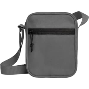 A grey crossbody bag with a front zip pocket and an adjustable strap. It features a logo on the front.