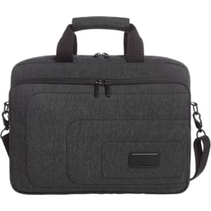 A grey laptop bag with a zippered main compartment, front pocket, and detachable shoulder strap. Features a branding logo.