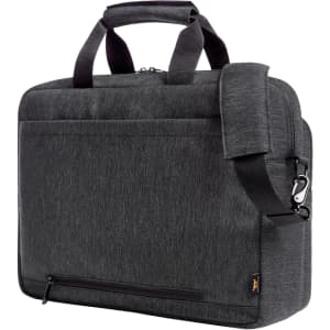 A laptop bag in dark grey fabric with dual handles, a detachable strap, and a zip closure, featuring a logo.