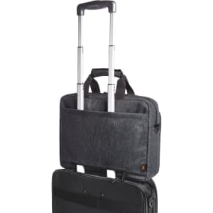 A grey laptop bag with a handle and trolley sleeve, designed for easy transport and featuring a logo.