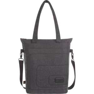 A grey laptop bag with handles and a detachable shoulder strap, featuring a logo and a sleek design.