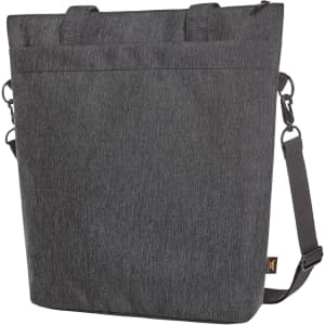 A grey laptop bag with two handles and an adjustable strap, featuring a simple design and a logo.