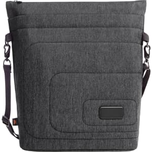 A grey laptop bag with a padded exterior and adjustable shoulder strap. It features a logo on the front.